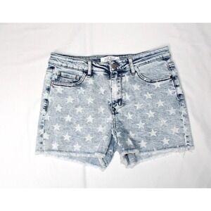 Judy Blue Shorts Womens Large Blue Star Print Denim Raw Hem Distressed July 4